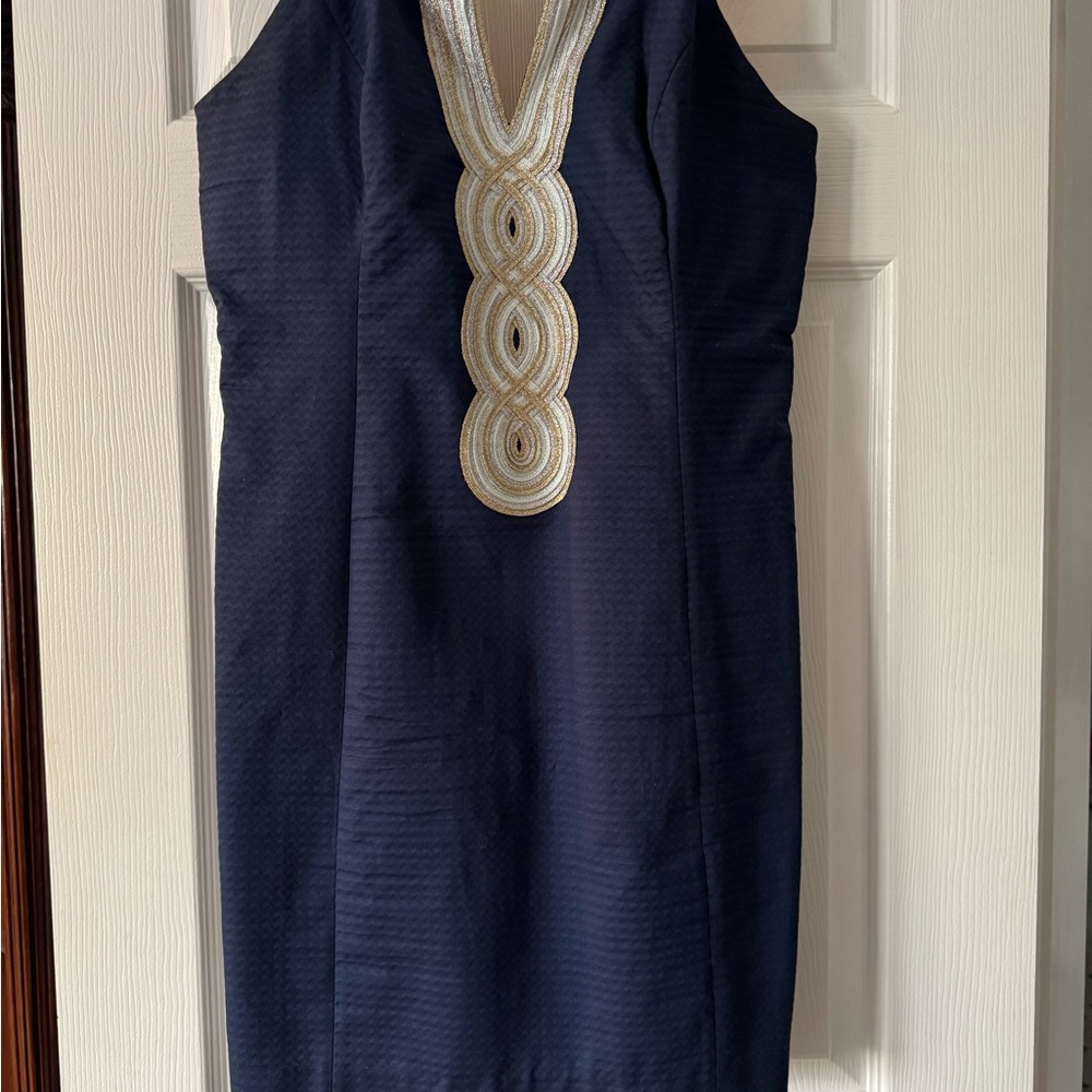 Lilly Pulitzer Navy Dress with Gold Embellished V-Neck